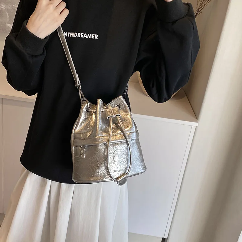 Small Silver Pu Leather Crossbody Bags For Women 2024 Y2k Korean Fashion Designer Females Bucket Bag Lady Drawstring Handbags