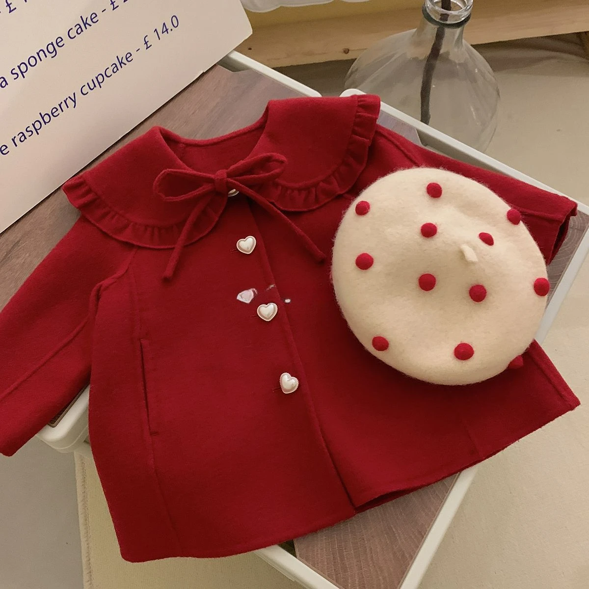 Girls\' Red Woolen Jacket for Autumn 2023 Children\'s Clothing, Fashionable and Versatile on Doll Necked Fabrics