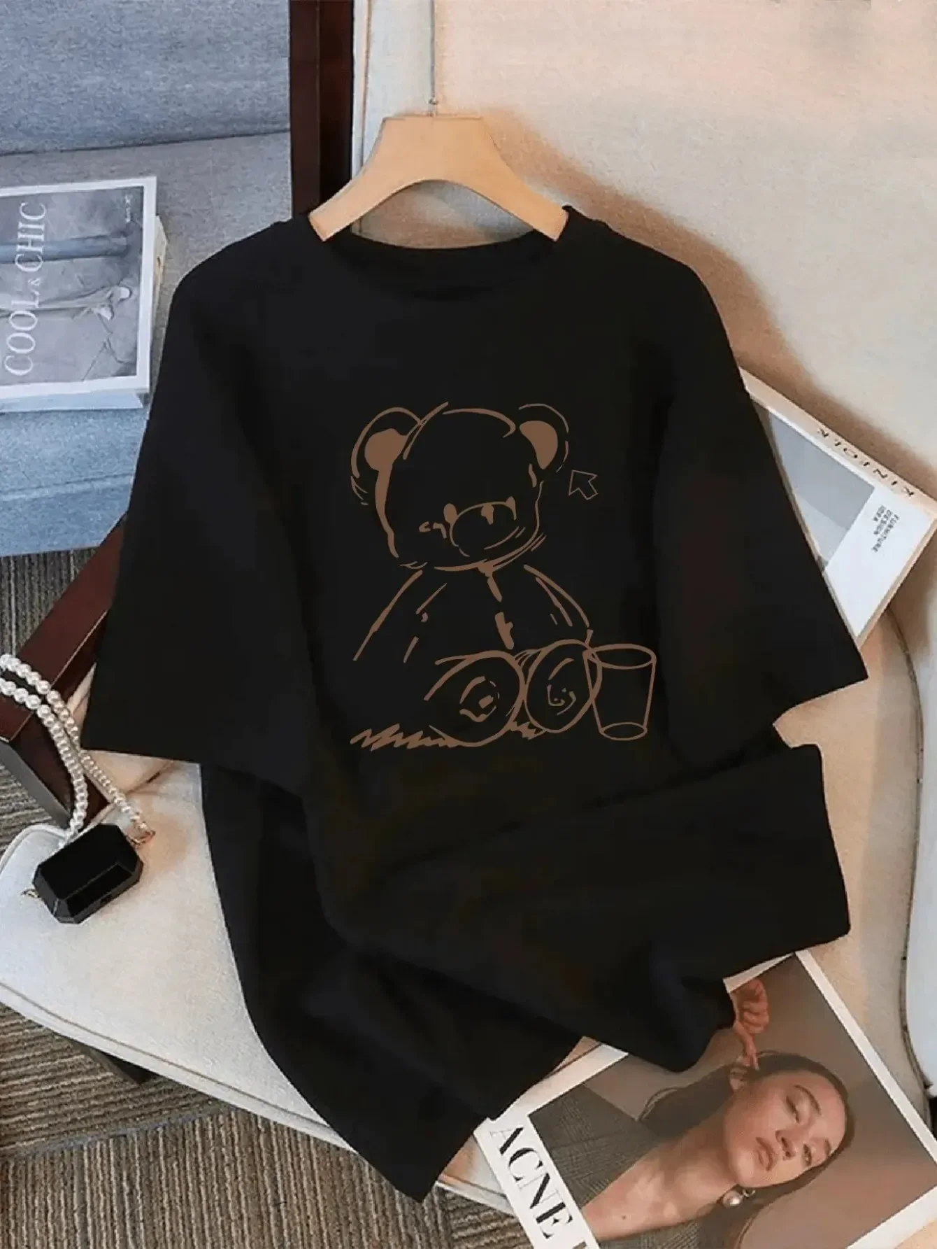 Cute Teddy Bear Print Crew Neck Tops Women's Fit Short Sleeve Cartoon Fashion Coffee Cup Kawaii Women Clothing image 2