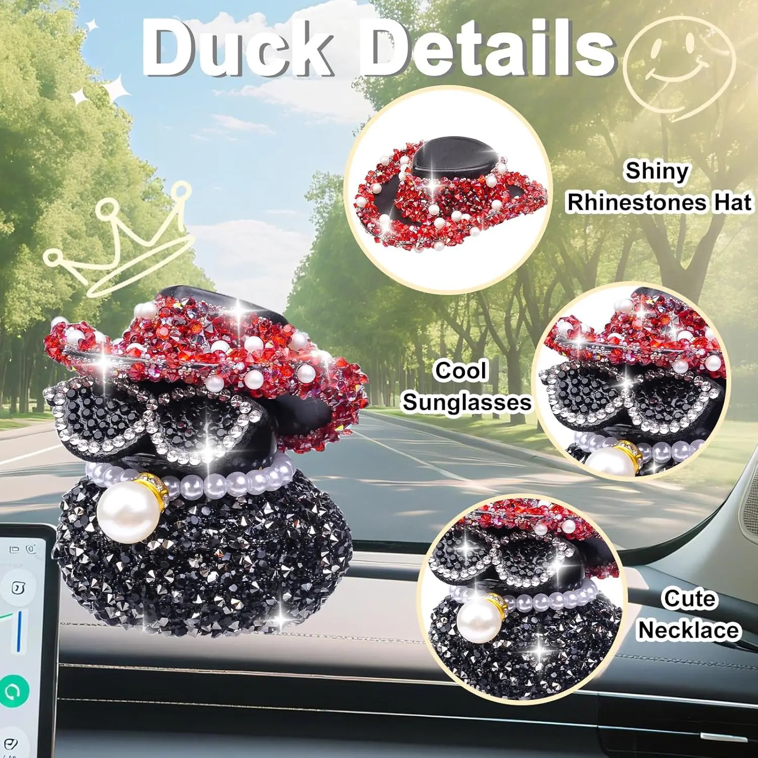 Rhinestones Rubber Duck Car Ornaments Funny Diamond Ducks Car Dashboard Decorations Duck Accessories with Shiny Cowboy Hat