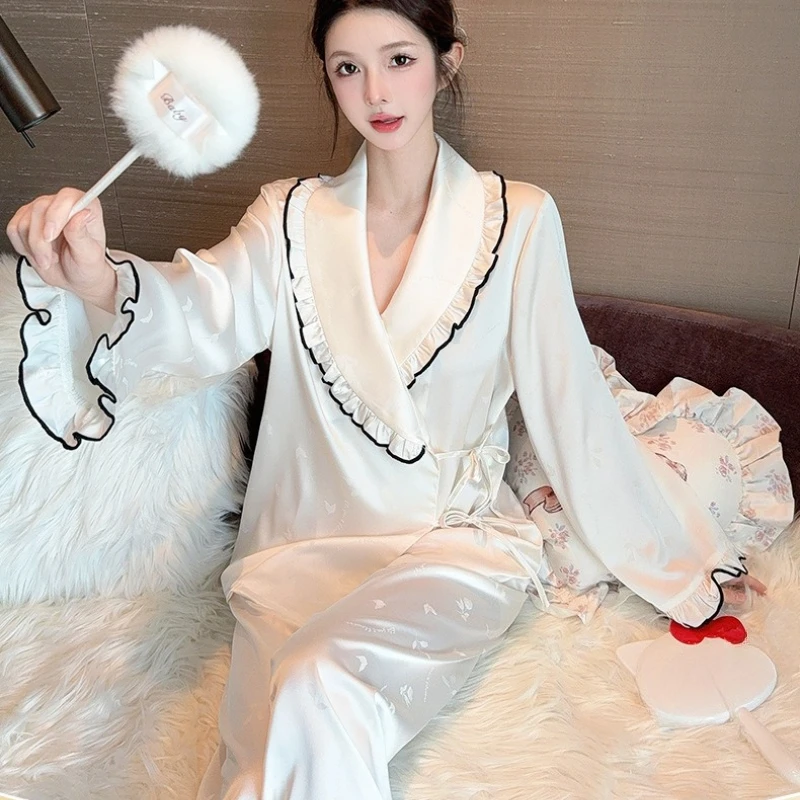 Lazy Wind Long-sleeved Trousers Loungewear 2026 New Spring and Autumn Women's High-end French Jacquard Ice Silk Pajamas Set