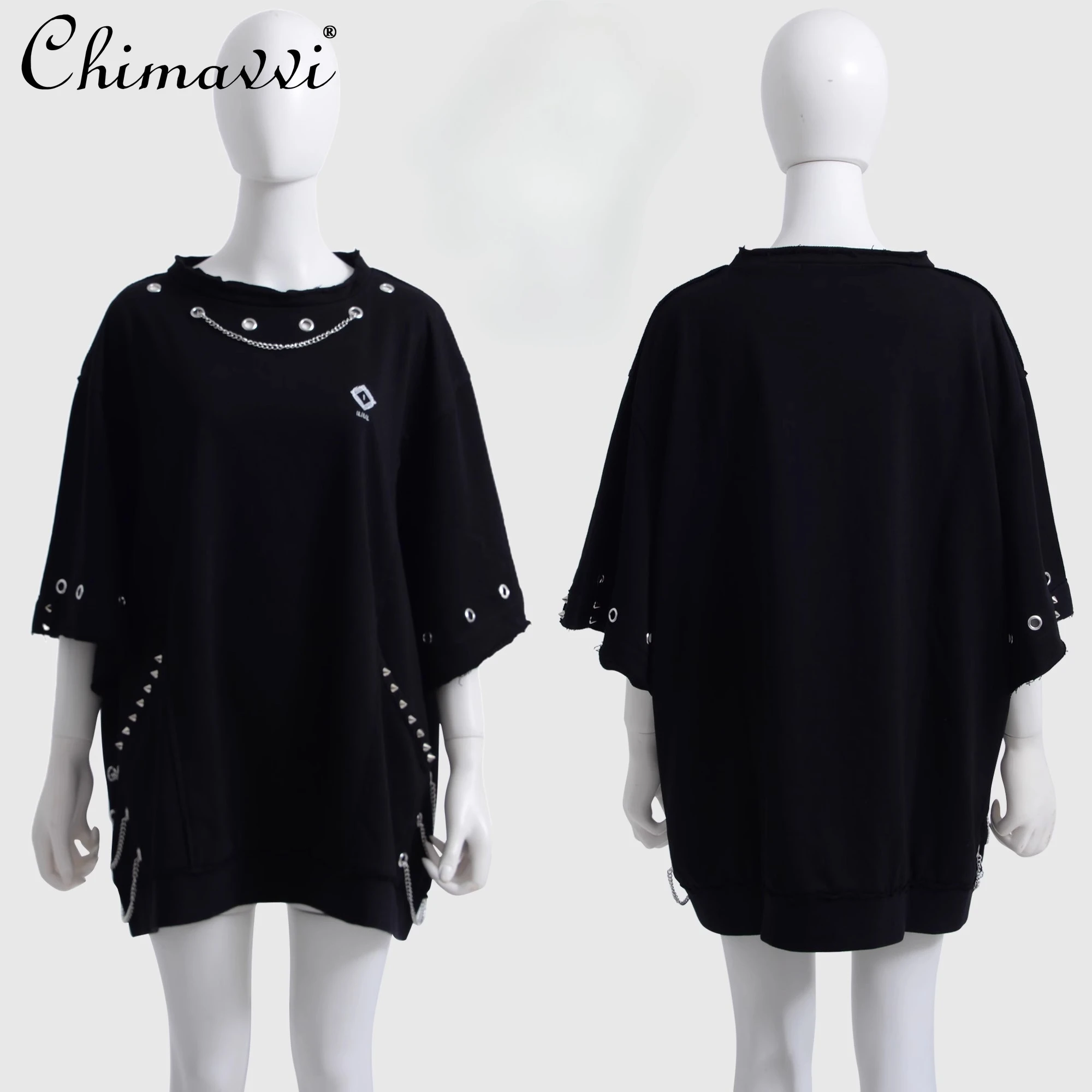 

Japanese Mine Subculture Dark Punk Chain Rivet Damaged T-shirt Summer New Gothic Girl Loose Short-sleeved Y2k Womens Top