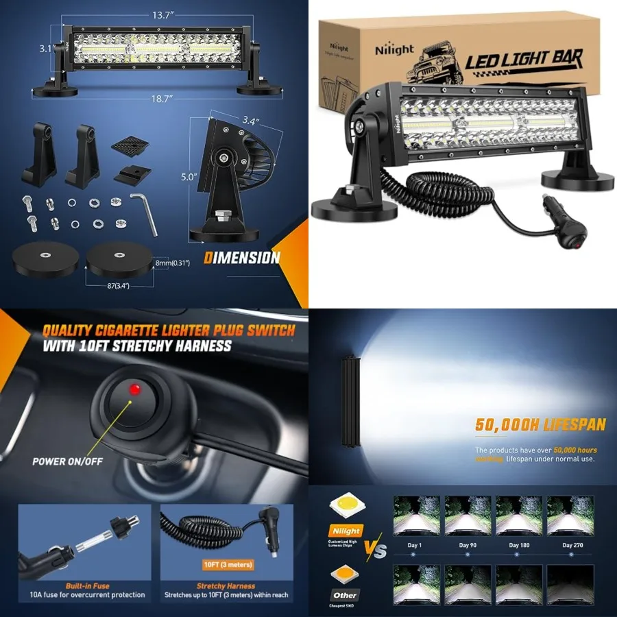 LED Light Bar 13.5 Inch Triple Row Cigarette Lighter Wiring Strong Magnetic Base Spot Flood Combo 96LEDs Fog Driving Work Roof