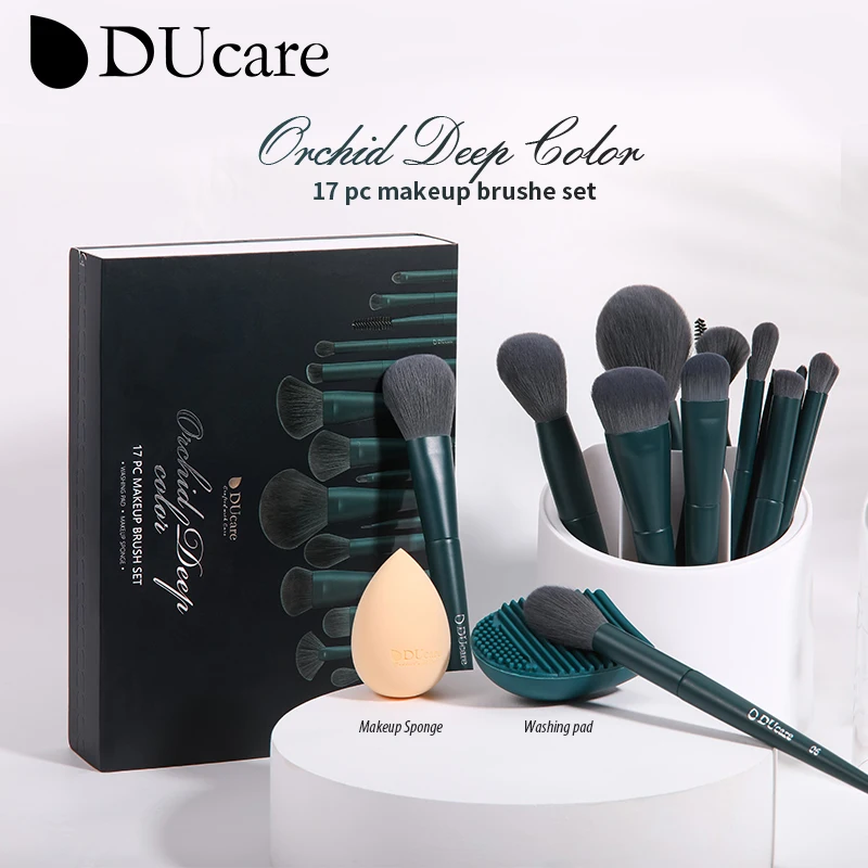 DUcare – kit de pinceaux de maquillage professionnels, poils synthétiques avec éponge et outils de nettoyage, tampon pour fond de teint, ombre à