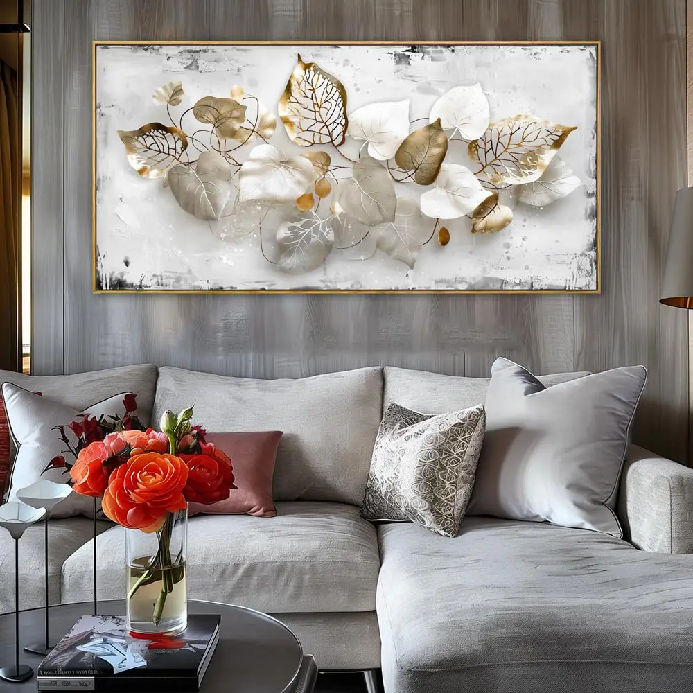 Modern Minimalist Canvas Wall Art, White & Golden Leaves Design, No Framed Home Decor Poster, 2D Effect, Elegant Room Aesthetic,