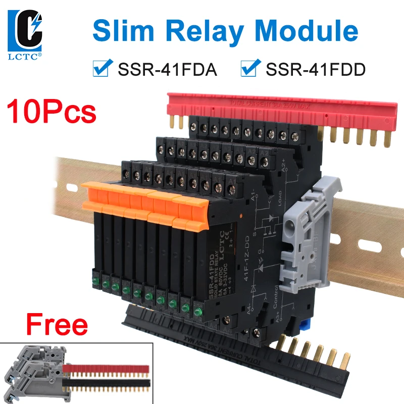 

LCTC 10PCS Slim Relay SSR Non-contact DIN Rail Terminal Solid State Relay Module DC TO AC DC TO DC LED 6A SSR-41FDA SSR-41FDD