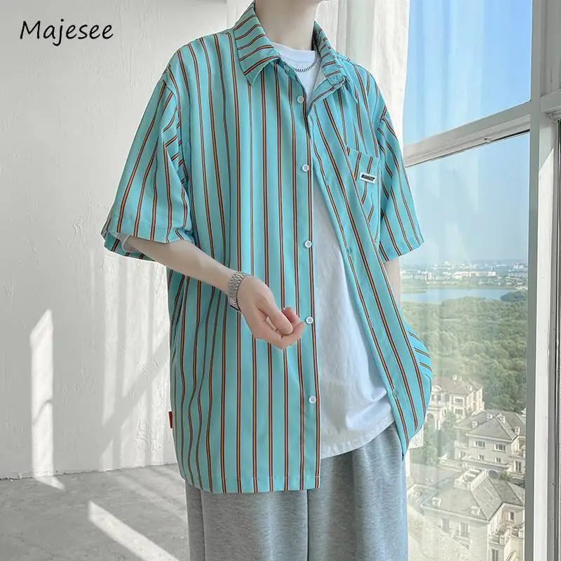 

Striped Shirts Men Baggy Youthful Temperament Japanese Style Half Sleeve Pocket Daily Summer Breathable Teenagers Fashion Cozy