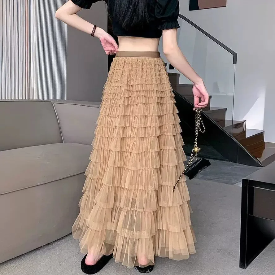 New Style High-waisted Layered Cake Skirt For Women Medium-length Gossamer Tulle Sweep Train Elegant Female Dance Floor Gown