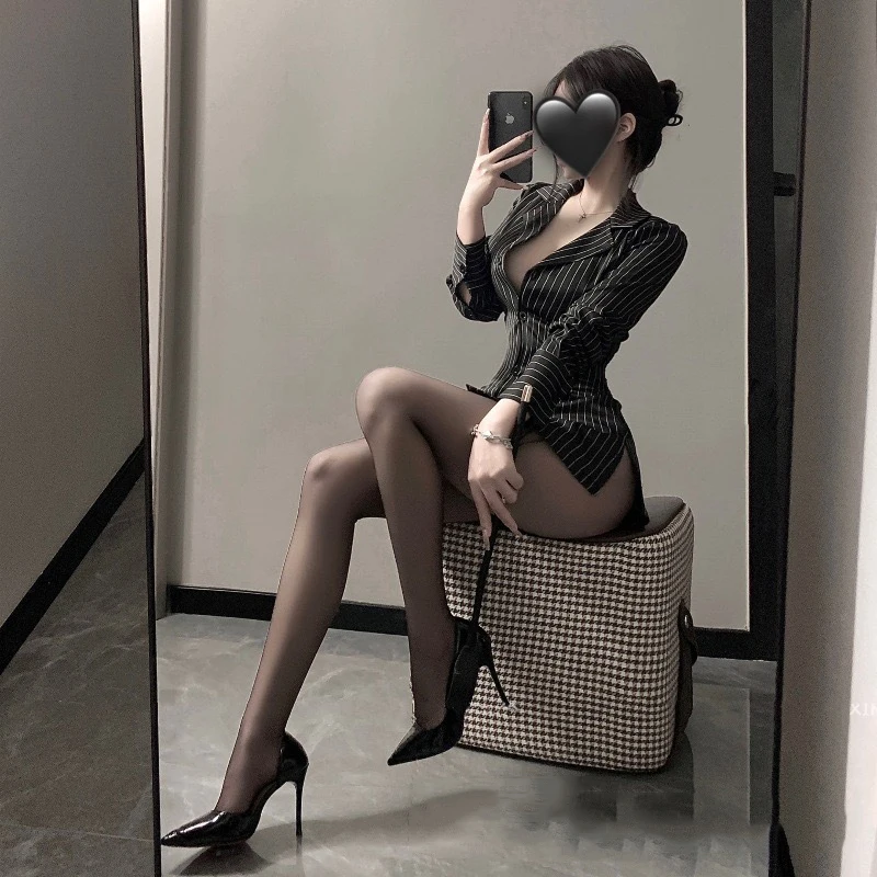 

OL Secretary Office Lady Cosplay Open Bra Role Play Lingerie Costumes Sexy Striped Shirt Office Lady Roleplay Uniform Shirt