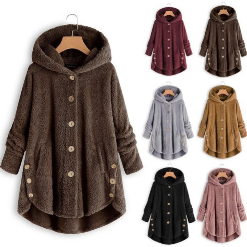 Chaqueta mullida de piel sintética para mujer, abrigo largo con capucha, abrigo de felpa con botones, prendas de vestir de gran tamaño, novedad de otoño e invierno, 2023