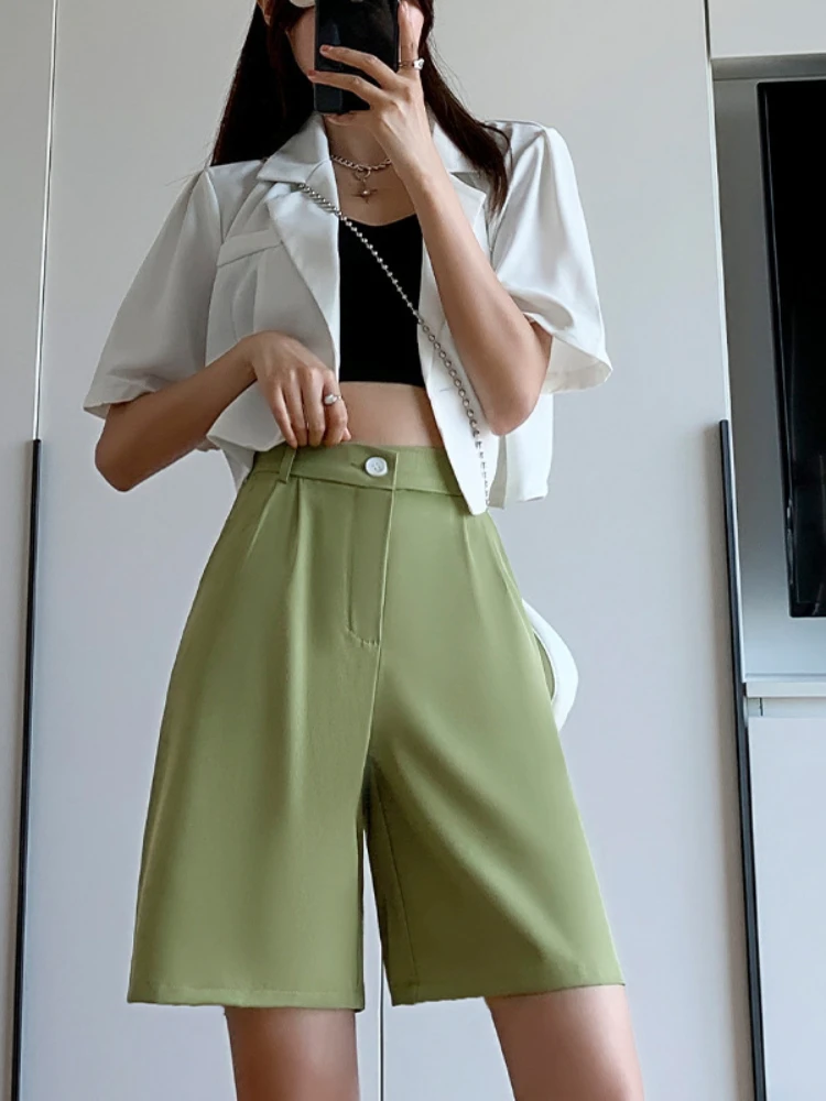 Black Suit Shorts Loose Elastic Waist Slim Thin Women\'s Summer Shorts Casual High Waist Solid Straight Wide Leg Ice Silk Pants