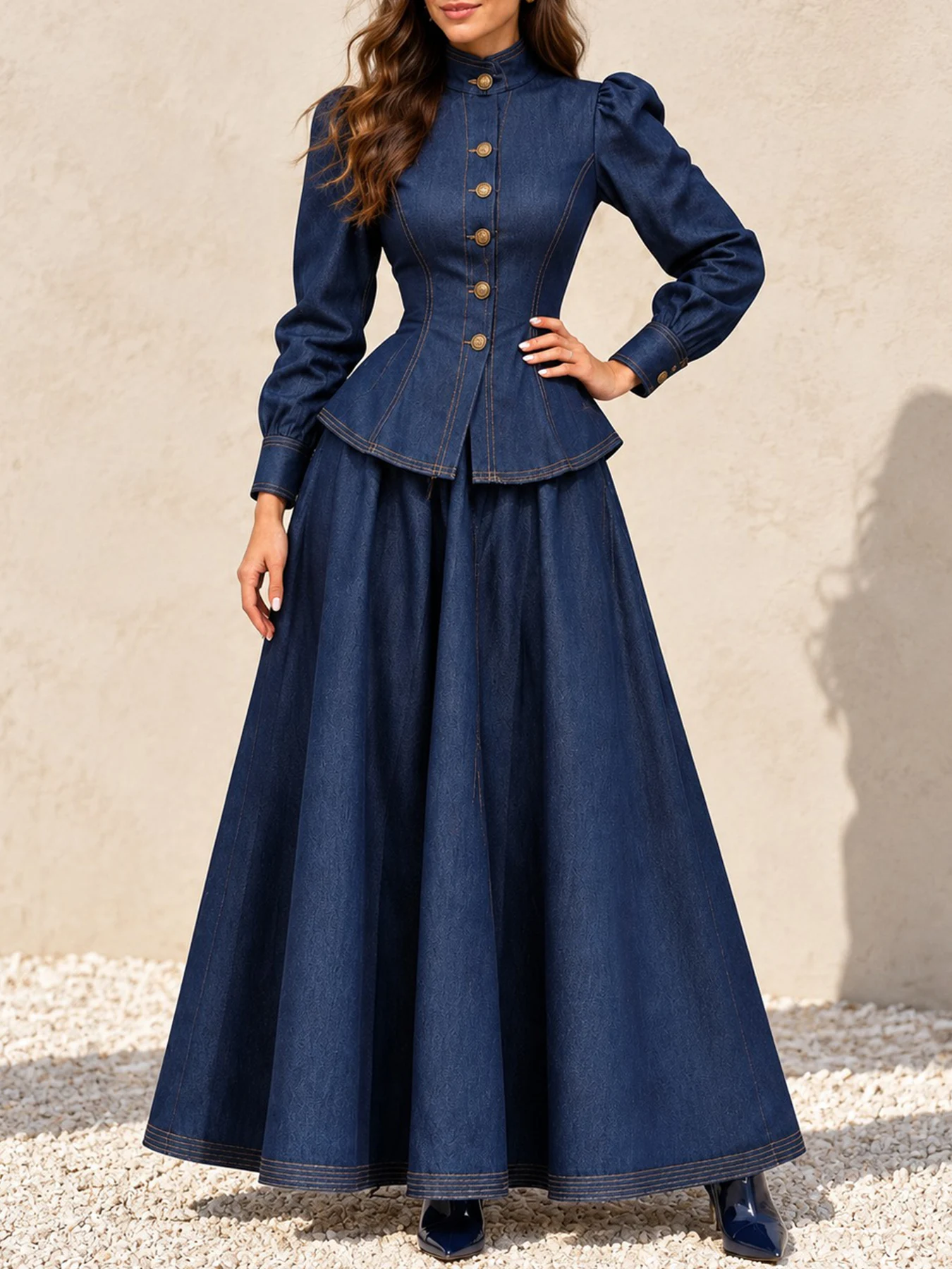 New Women's Elegant Washed Stand Collar Waist-defining Jacket and Skirt Set, Oversized Hem, Fall clothes for women