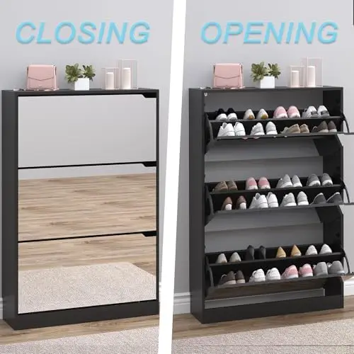 Shoe Cabinet with 3-Flip Mirror Drawers, Freestanding Shoe Rack Organizer with Hidden Handle, Slim Narrow Shoe Storage image 5