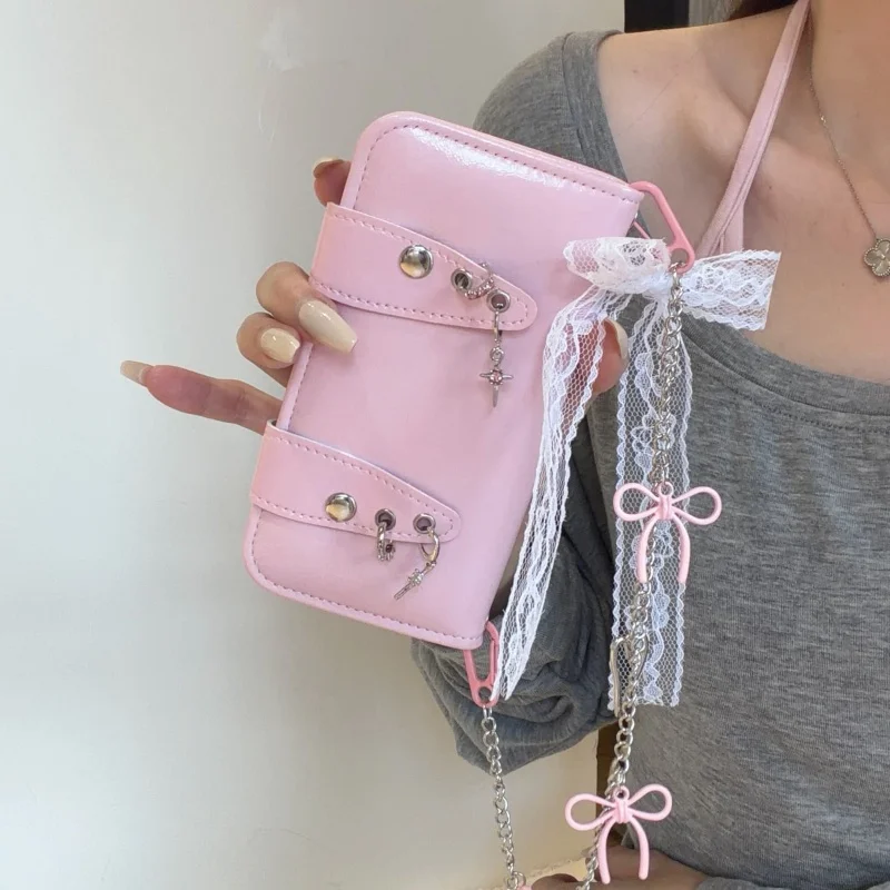 

Luxury Pink Leather Card Bag Phone Case For iPhone 17 Pro 16 15 Pro Max Cover with Bowknot Chain Shockproof Cute Protective Case