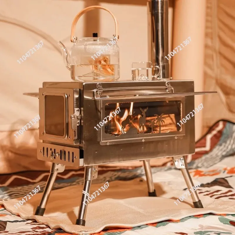 Portable Windproof Outdoor Pellet Fire Wood Heater with Burner Stove Bin for Camping Tent