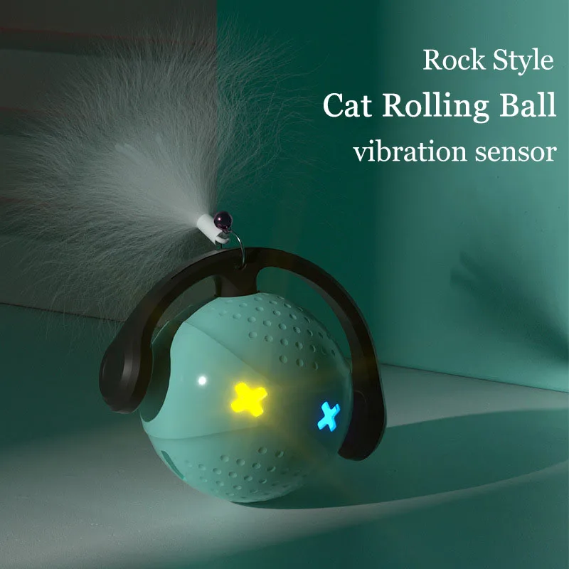 Rolling Ball Cat Toy Interactive Automatic Cat Teaser Feather Toys With Light Vibration Sensor Cats Game Toy Kitten Magic Ball