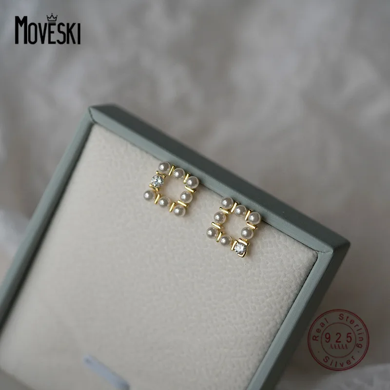 

MOVESKI 925 Sterling Silver French Asymmetric Pearl Zircon Geometric Stud Earrings Women Fashion Elegant Party Jewelry