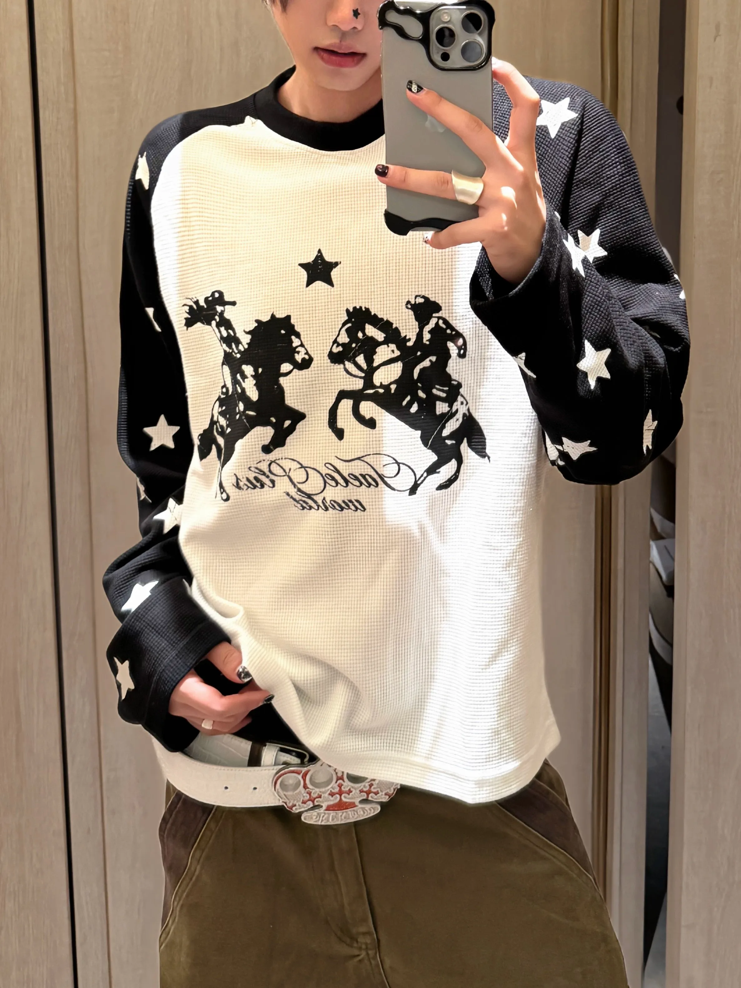 Korean Street Style Long Sleeve T-Shirt Unisex Vintage Trend Shoulder Insert Sweatshirt Star  Print Color Block Polyeste...