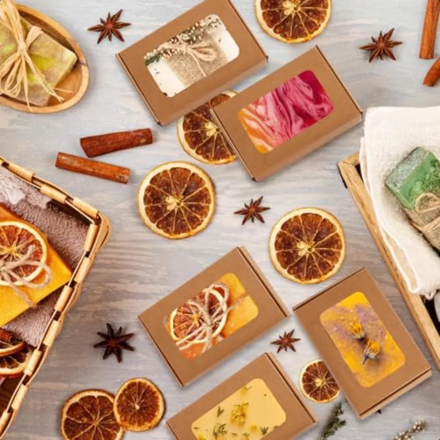 40 caixas de sabão dos pces para caseira 3.55x2.4x1.2 Polegada pequena caixa de sabão de papel mini caixa de tratamento kraft com janela para sabão caseira pa
