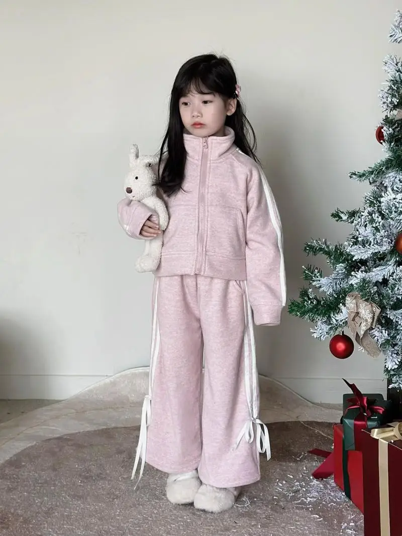 Korean Children's Wear 2024 Spring and Autumn New Girl's Pink Sweet Standing Neck Casual  Loudspeaked Guards Two Piece Set