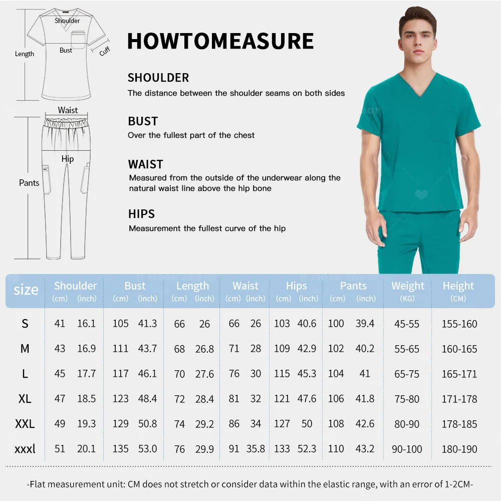 Uniformi chirurgiche Uomo Scrub Set Accessori per infermiere medico Salone di bellezza Abbigliamento da lavoro Scrub clinico Top + Pant Pet Doctor Tuta da infermiera