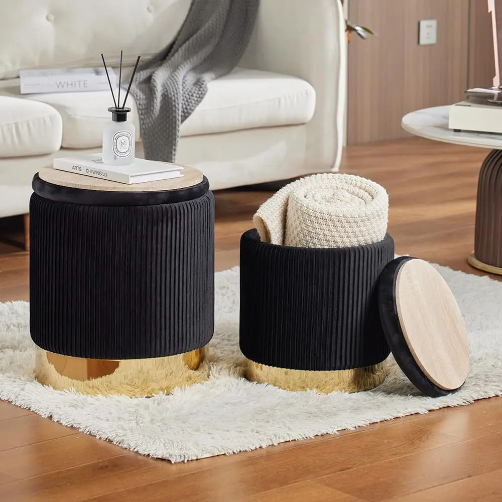 Round Ottoman with Storage Set of 2 Black Velvet Vanity Stool | Upholstered,Small Ottoman Coffee Table,Removable Lid,Foot Stool