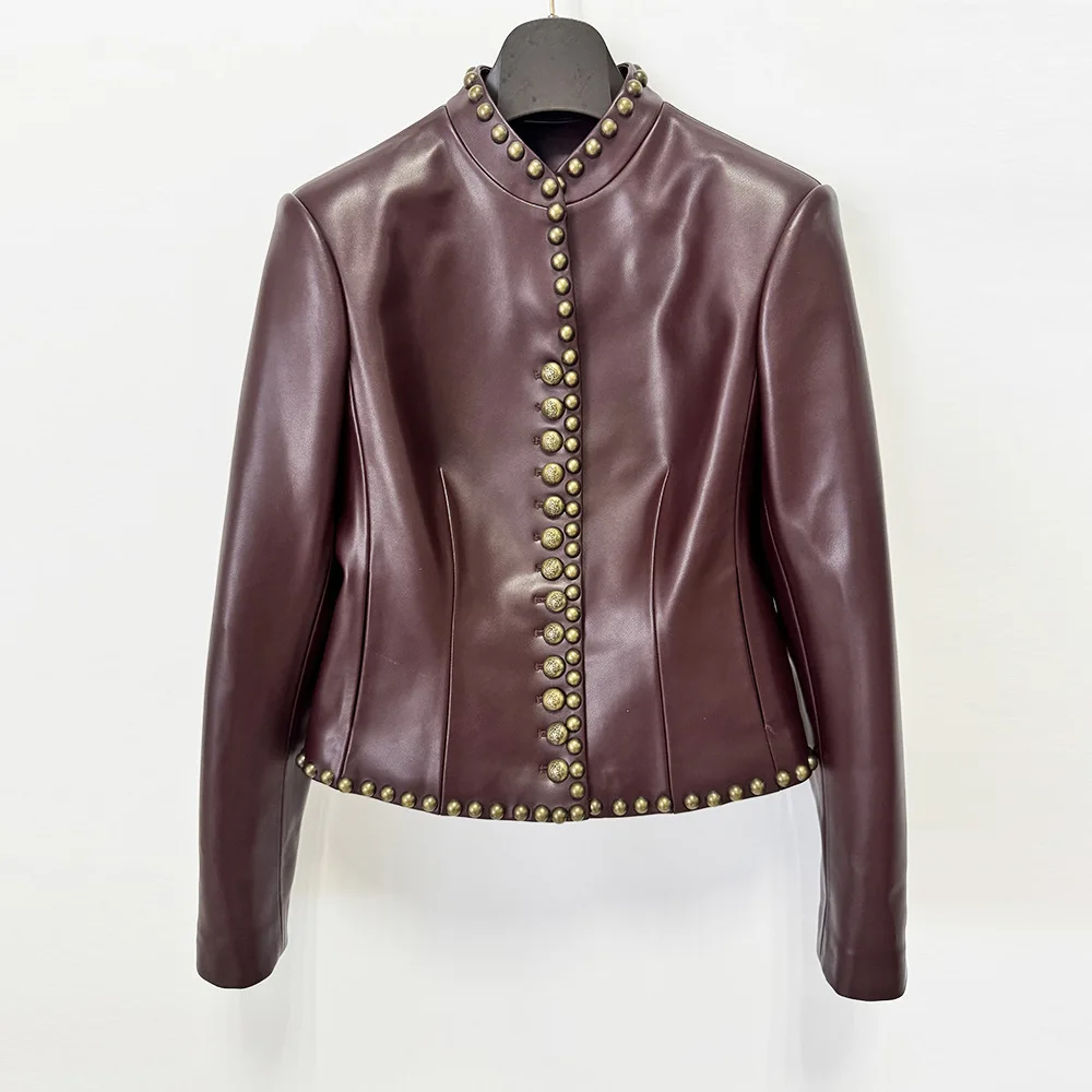 HIGH QUALITY Newest 2026 Designer Jacket Women'sWomen's Slim Rivet Slim Leather Jacket Leather Blazer