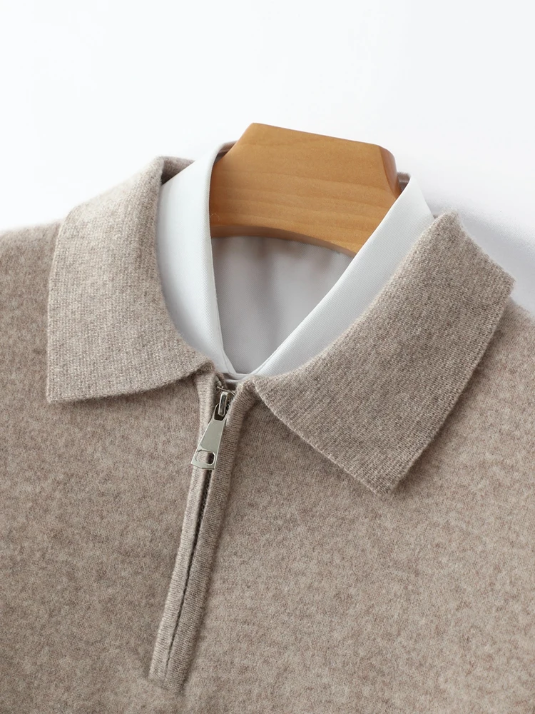 

Новый свитер из 100% мериносовой шерсти ﻿ Мужской вязаный пуловер с воротником-поло на молнии, осень-зима, кашемировая повседневная деловая одежда