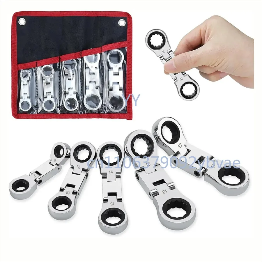 5 pcs Flex-Head Stubby Ratcheting Combination Wrench Set Mini Wrench Set Double Box End Flex-Head Mini Spanner Set