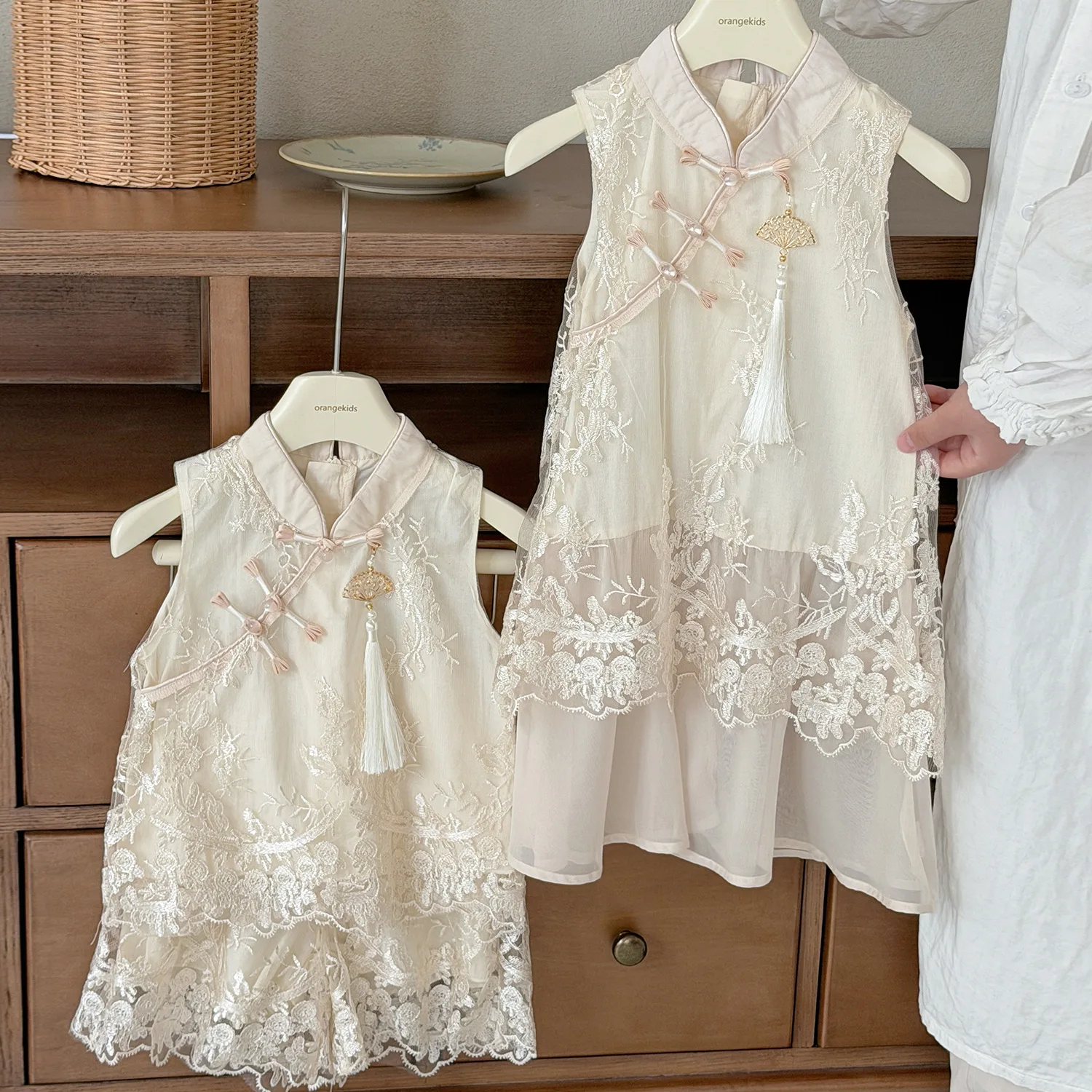 2026 Summer New Girls New Chinese Style Set Lace Embroidery Chinese Style Tassel Children Cheongsam Two Piece Set