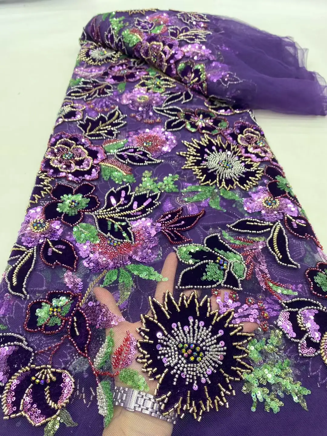 

African Nigerian 2025 High-Quality Sequins Embroidery Tulle Lace Fabric Dresses Sewing Beads Stone for Prom 5Yards DP0456