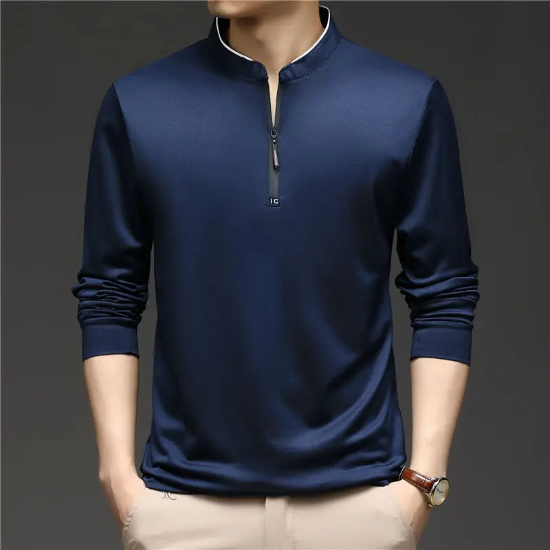 Fashion Men Solid Half-zip T-shirt Spring Autumn New Business Male Clothes Streetwear Casual Loose Stand Neck Long Sleeve Tops