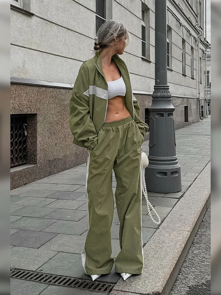

Chic Women Full Sleeve Elastic Zipper Pocket Coats Set Casual Color Contrast Straight Pants Sets 2025 Lady Street Sports Wear