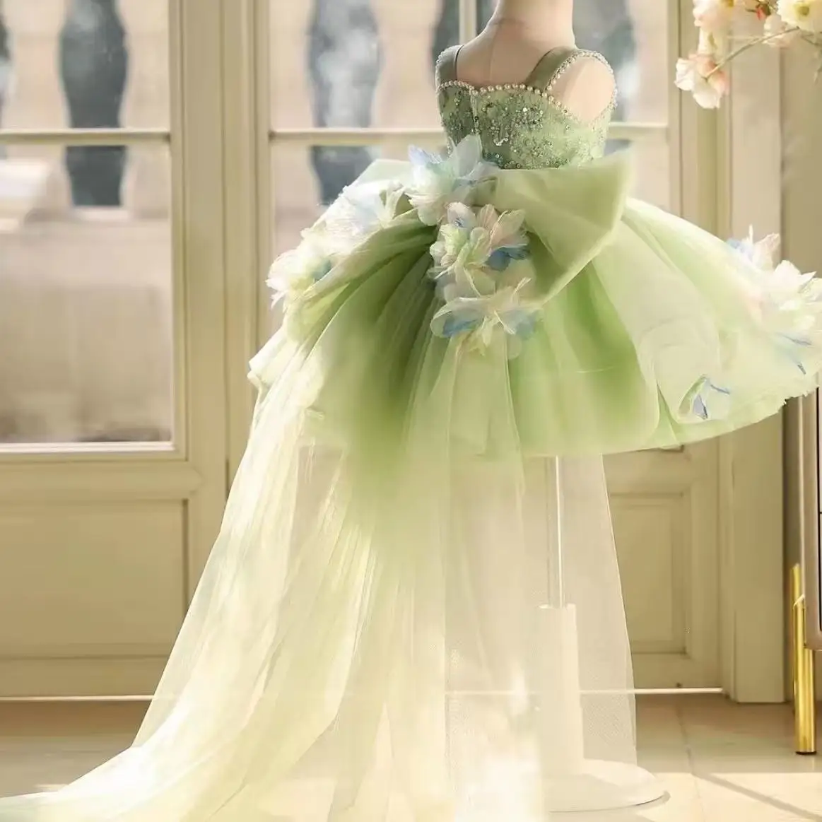 Green Forest Style Girls Formal Dress Kids Birthday Princess Gown Trailing Train Flower Girl Wedding Performance Dress 12M-10Y