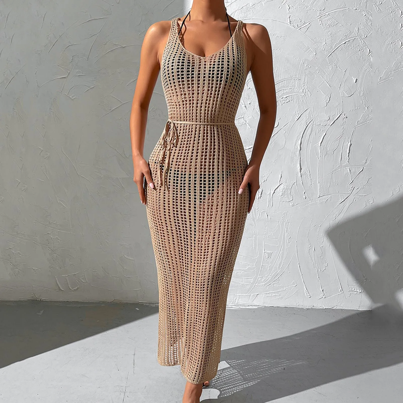 

2024 Summer Solid Color Mesh Hollow Out Open Back Knit Beach Dresses Women's Loose Irregular Vacation Beach Swimwears Cover-Ups