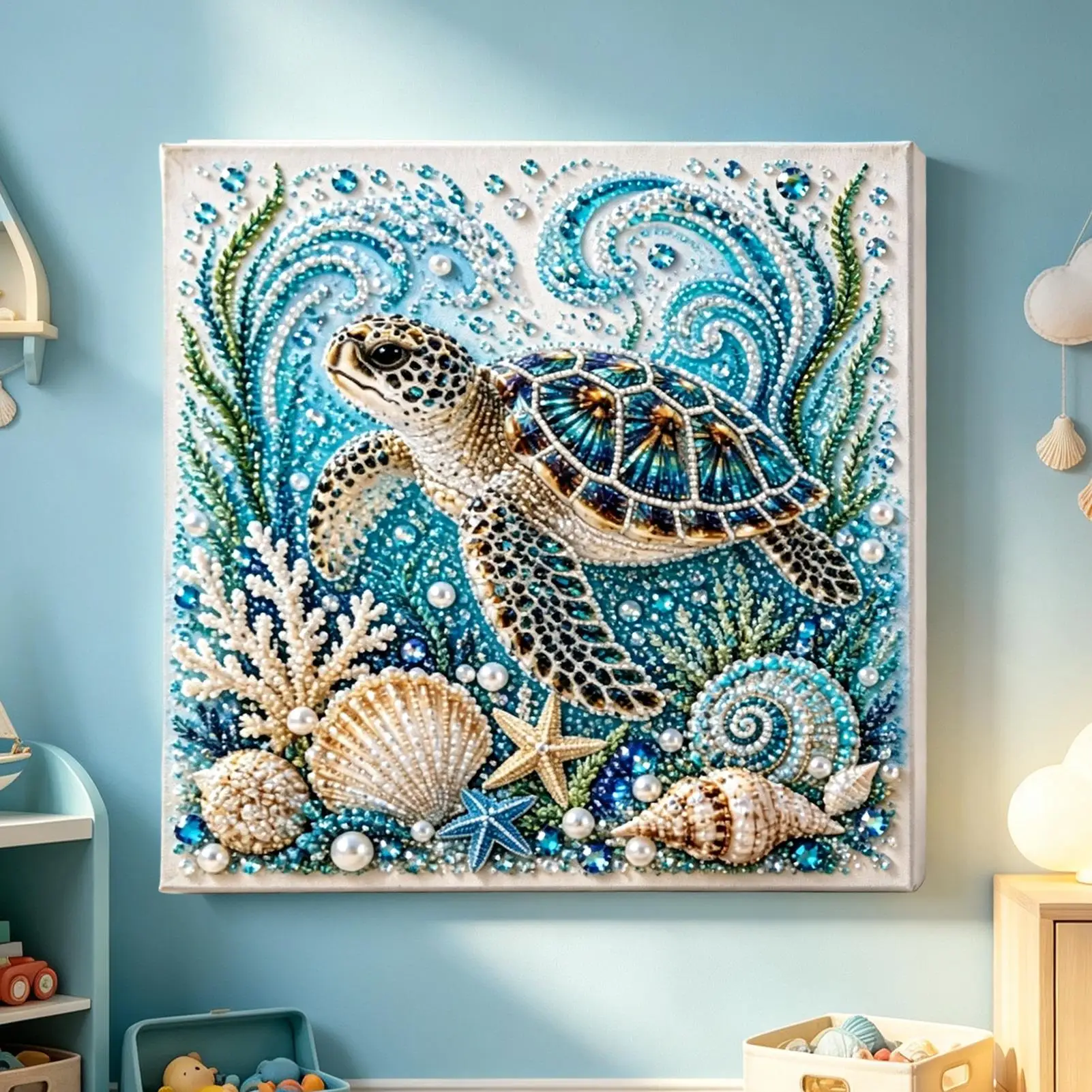Ozean-Themen-Perlen-Bastelset: Handgemachter Oktopus, Schildkröte, Qualle, Delfin, Krabbe, Funkelnde Diamantkunst, Küsten-Wanddekoration für Zuhause