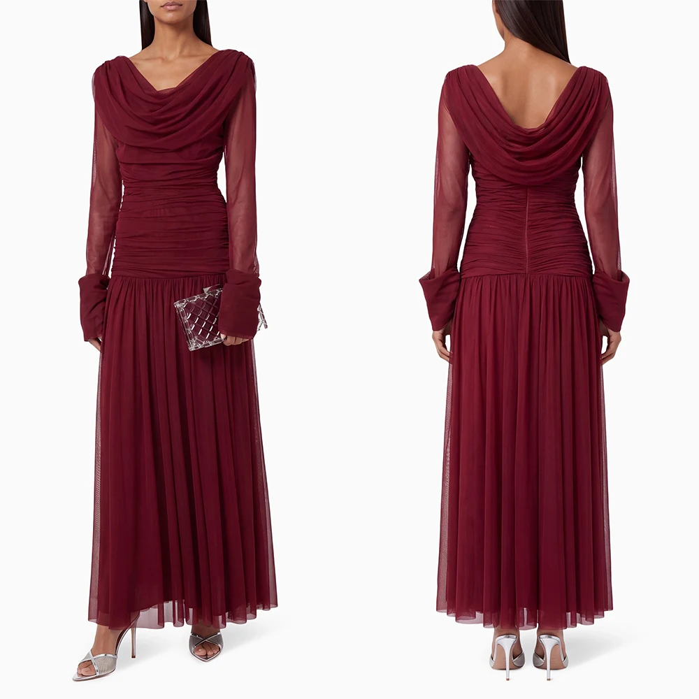 Customized V-neck Ankle Length Pleat Full Sleeves Zipper Red Vestidos Para Bodas Mujer Invitada Evening Dresses Abiti Da Sera