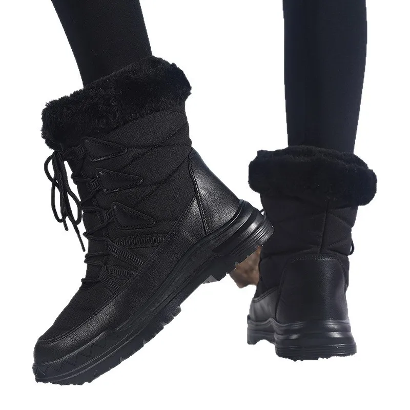Winter Snow Boots Women Lace Up Mid Calf Plush Cotton Shoes Non Slip Thick Sole Warm Outdoor Hiking Boots Size 36-43