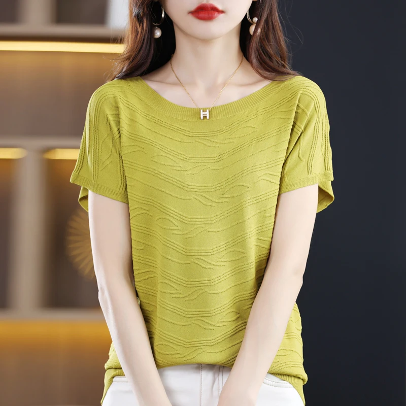 Round Neck Ice Silk Short Sleeved Women's Korean Summer Thin Solid Color Loose Top T-Shirt