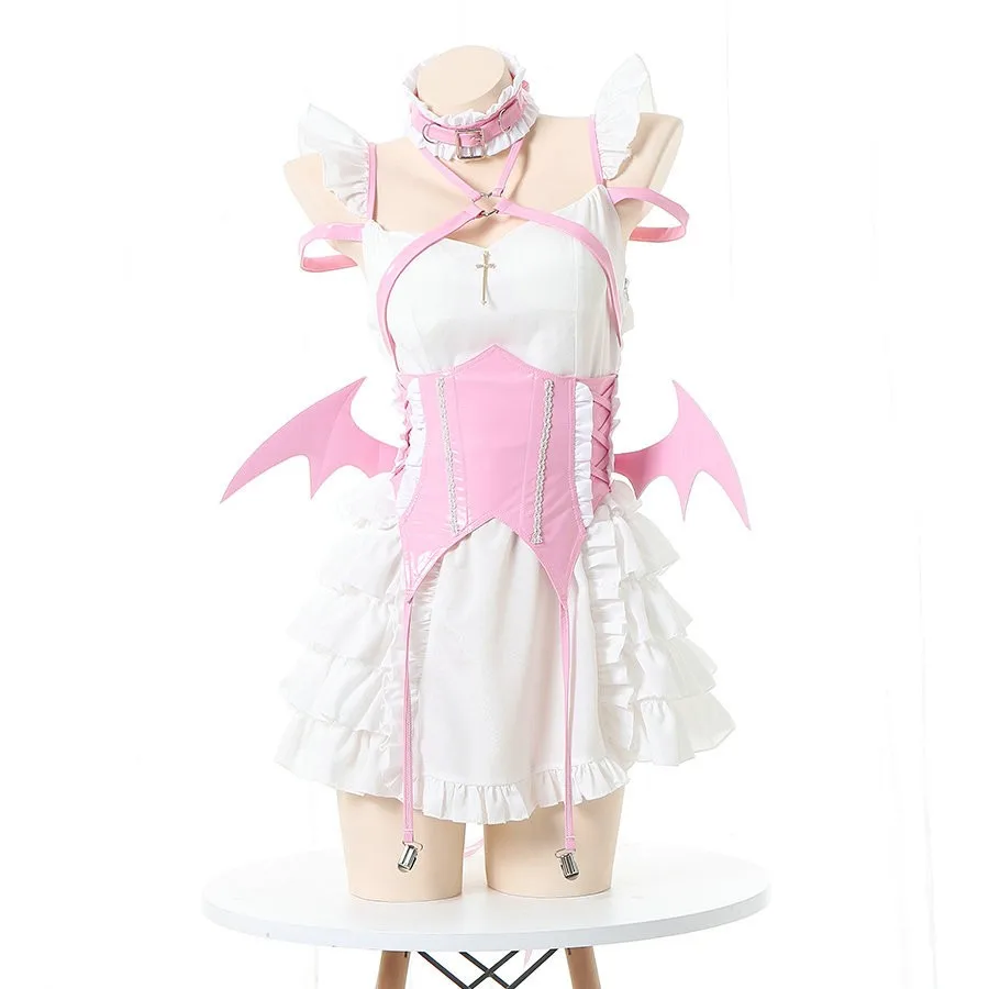 Anime Devil Girl Lolita Dress Maid Unifrom Cosplay Women Ruffle Strap Dresses Wings Elf Flower Fairy Halloween Outfits Costumes