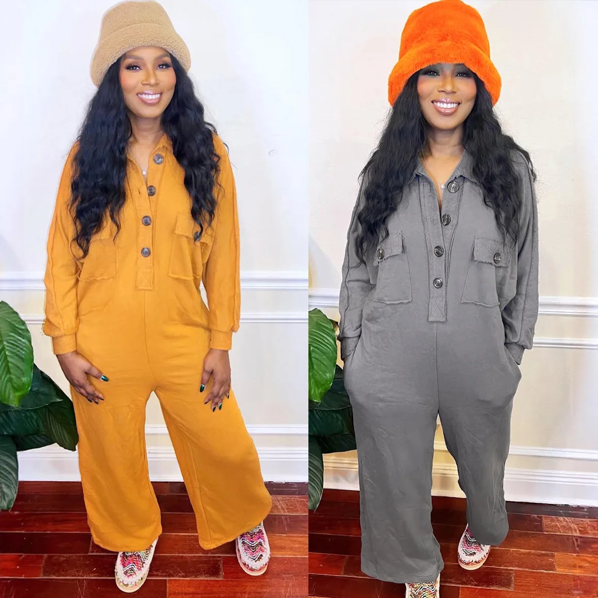 

Женский комбинезон-ромпер однотонный с пуговицами, карманами, отложным воротником, длинными рукавами, свободной талией, широкими штанинами, повседневный, для офиса, лето 2026