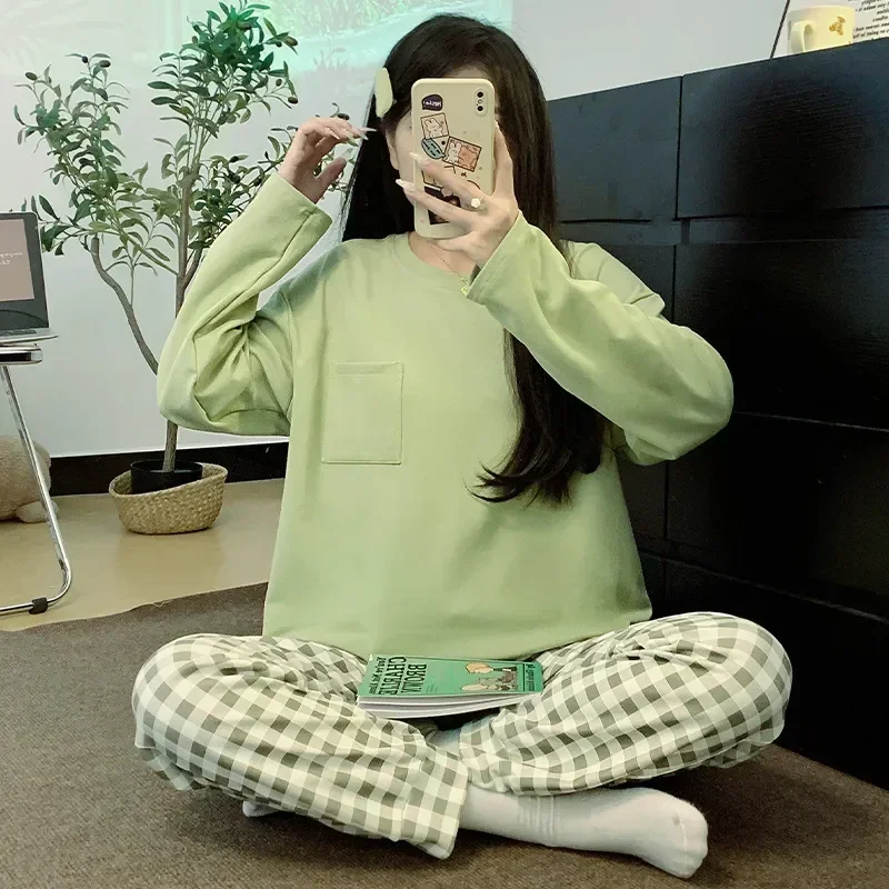 Conjunto para mujer joven, pantalones de pijama, ropa, pijamas largos informales de primavera para niña, mujer, otoño, algodón, hogar, mangas simples, salón