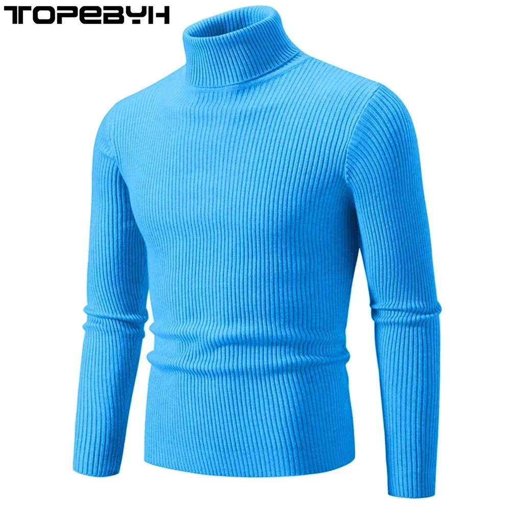 High Quality Men\'s Autumn and Winter High Neck Knit Shirt Slim Fit Long Sleeve Sweater Solid Color Pullover Tops