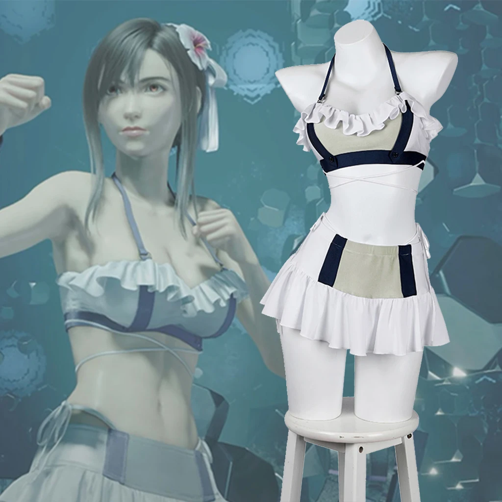 Juego popular Final Cosplay Fantasy VII Rebirth Tifa Lockhart disfraz blanco Halterneck traje de baño