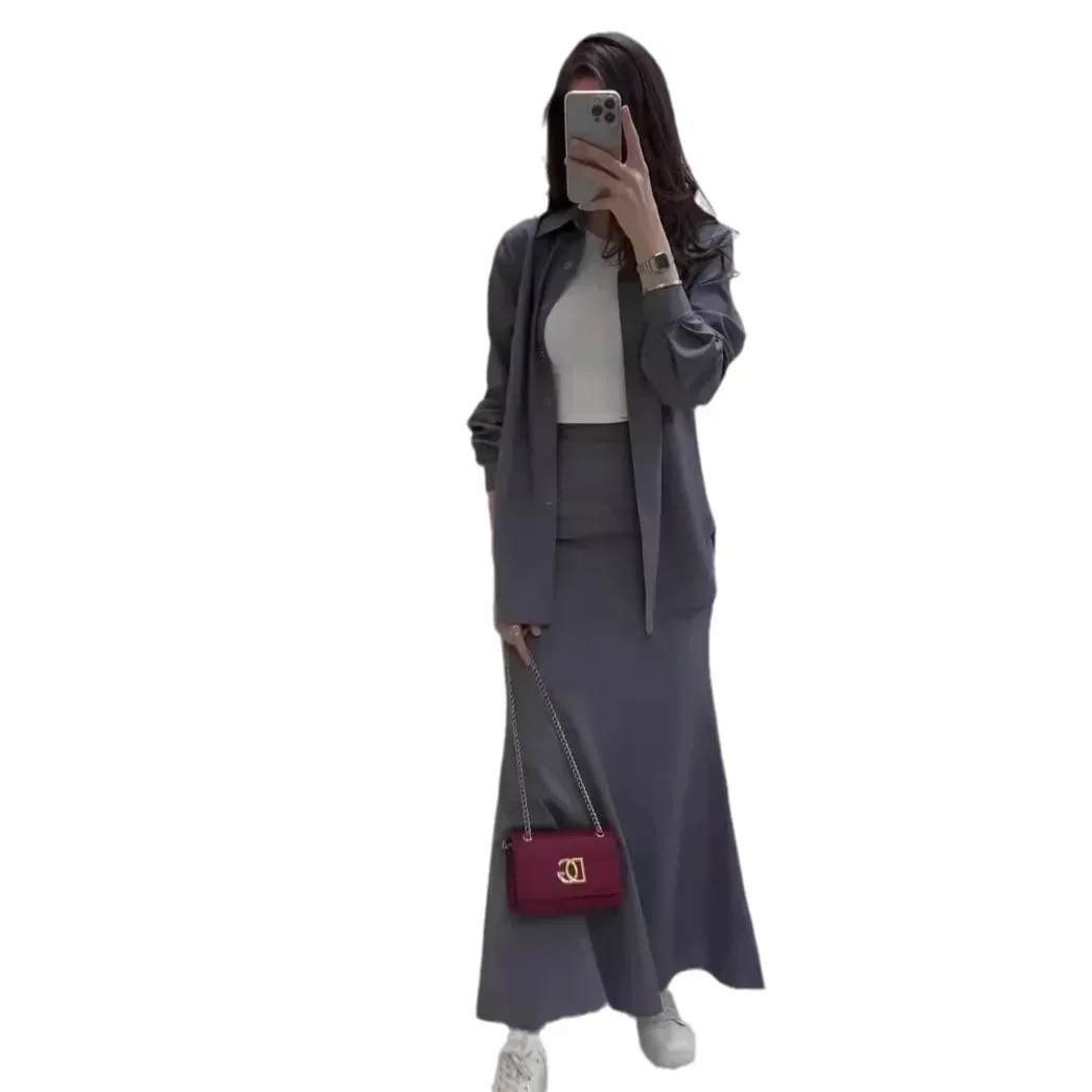 Casual Loose 2 Piece Sets Women Outfit Long Sleeve Robes With High Waist Long Skirts Set Homewear Casual Set Commuter Dressing