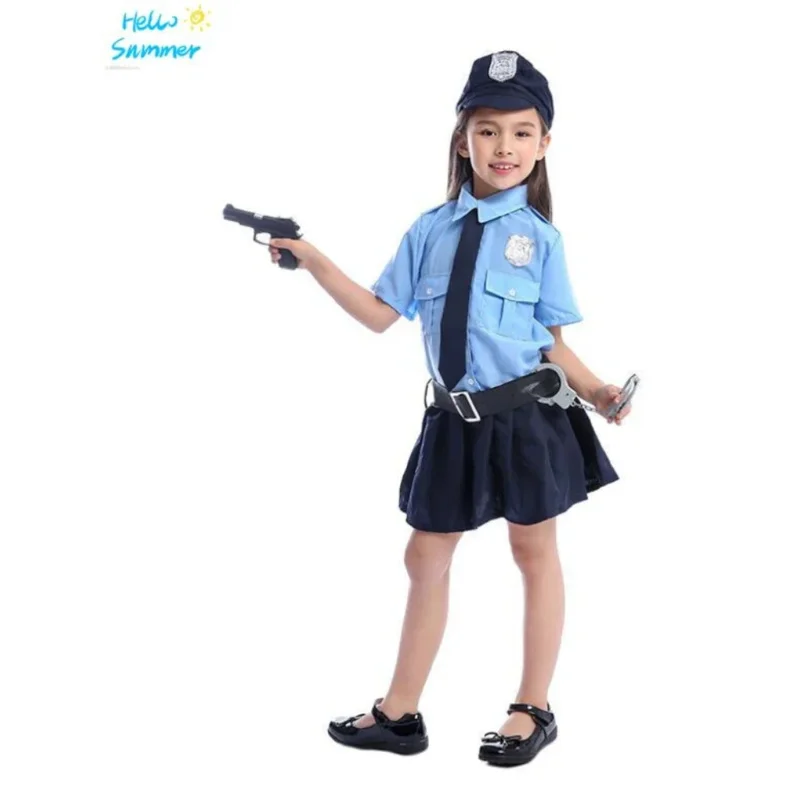Lindo disfraz de Halloween para niñas, pequeño oficial de policía, disfraz de cosplay para niños, uniforme de policía más fresco azul, disfraz de Carnaval