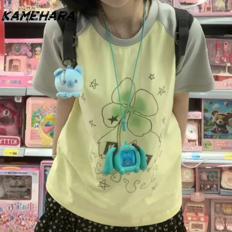 

KAMEHARA Kawaii мультяшный принт Y2k эстетические футболки женские японские гранж свободные контрастные цветные лоскутные футболки милые милые топы