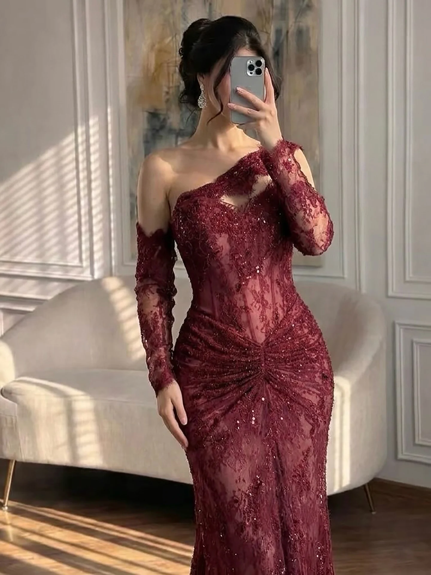 

Luxury Wine Red Lace Beaded Mermaid Evening Dress One Shoulder Ruched Party Gown Customized 2026 Women's Formal Evening Gowns