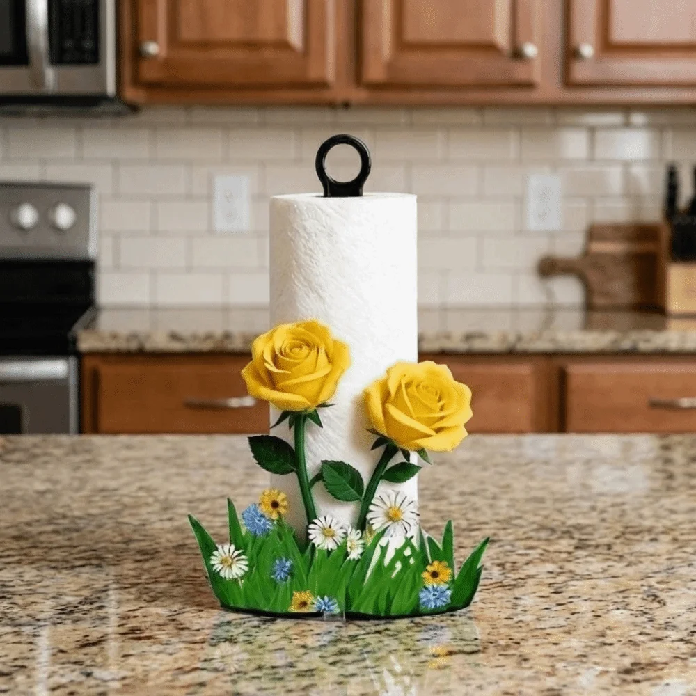 2D Flat Floral Tissue Holder Wooden Base Yellow Rose Vertical Napkins Rack Lightweight Acrylic Roll Paper Towel Holder Farmhouse