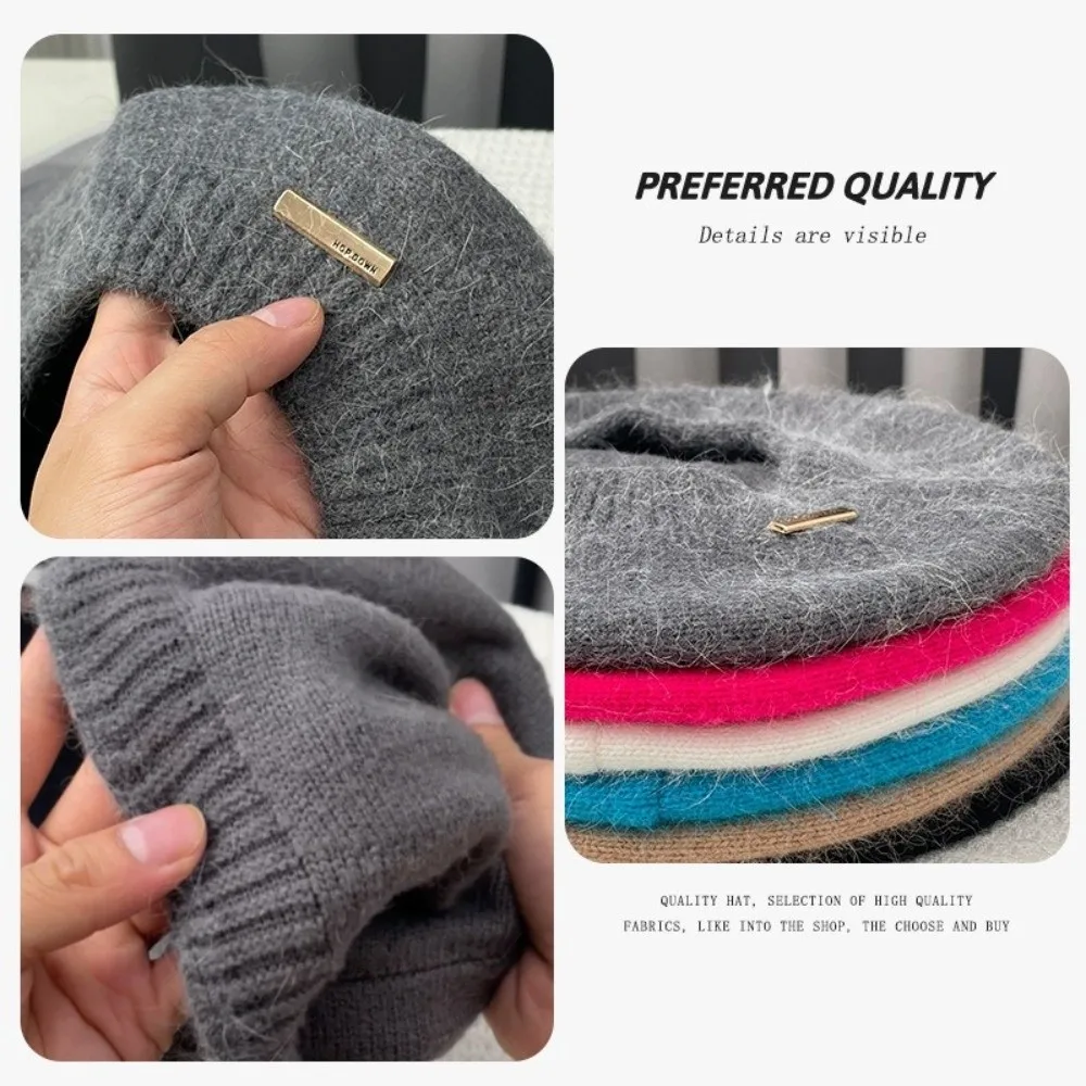 Fashion Warm Woolen Crochet Knitted Hat Solid Color Metal Label Beret Hat Anti-cold Beanie Cap Women Girl